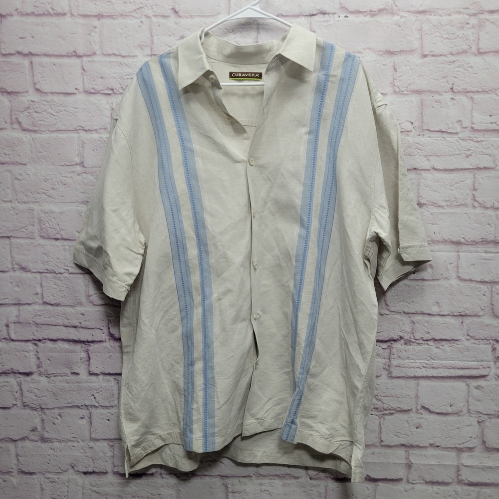 Cubavera Beige Linen Blend Guayabera Shirt XXL Stripes Vacation Coastal‎ Dadcore